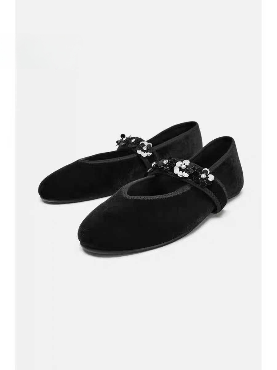 New women's round-toe low-cut casual flat shoes with floral embellishments
