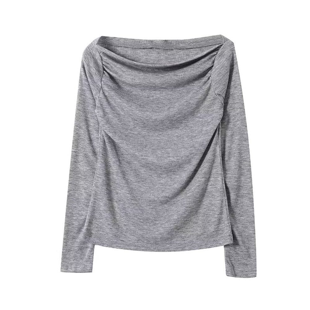 Women's pleated collar long sleeved knitted T-shirt