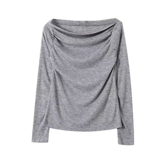 Women's pleated collar long sleeved knitted T-shirt